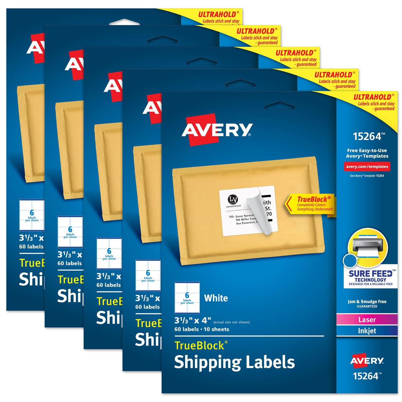 Avery TrueBlock Shipping Labels, Sure Feed Technology, Permanent Adhesive, 3-1/3" x 4", 60 Labels (15264) - 5 Pack